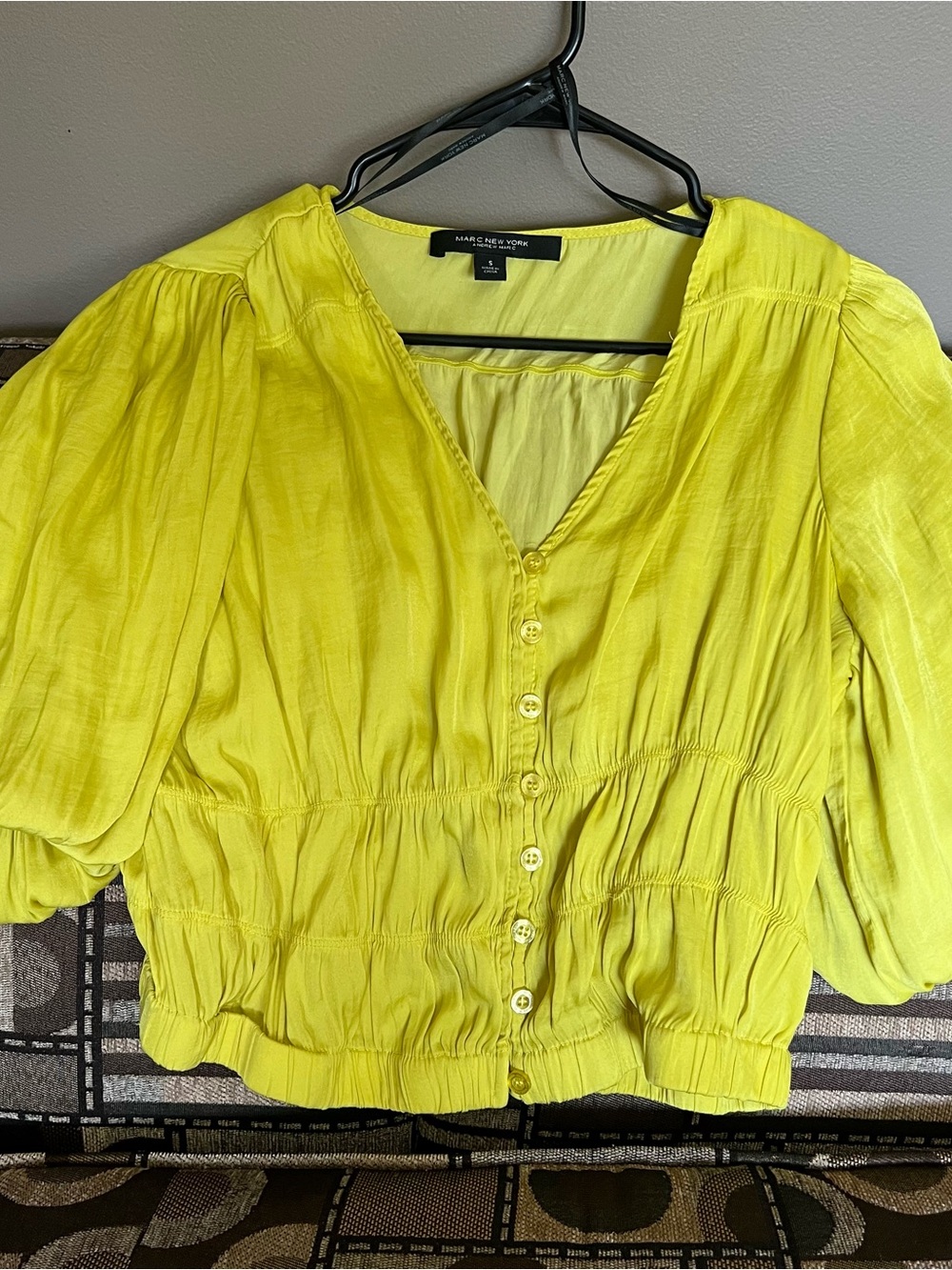 Marc New York Bright Yellow Button-Front Puff Sleeve Blouse